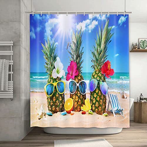 Funny Blue Tropical Pineapple Summer Shower Curtain For Beach And Ocean Lovers, Great Bathroom Decor Idea