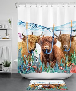 Funny Brown Highland Cow in Underwater World Shower Curtain for Bathroom Decor
