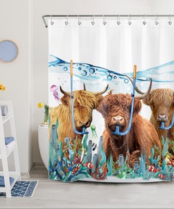 Funny Brown Highland Cow in Underwater World Shower Curtain for Bathroom Decor