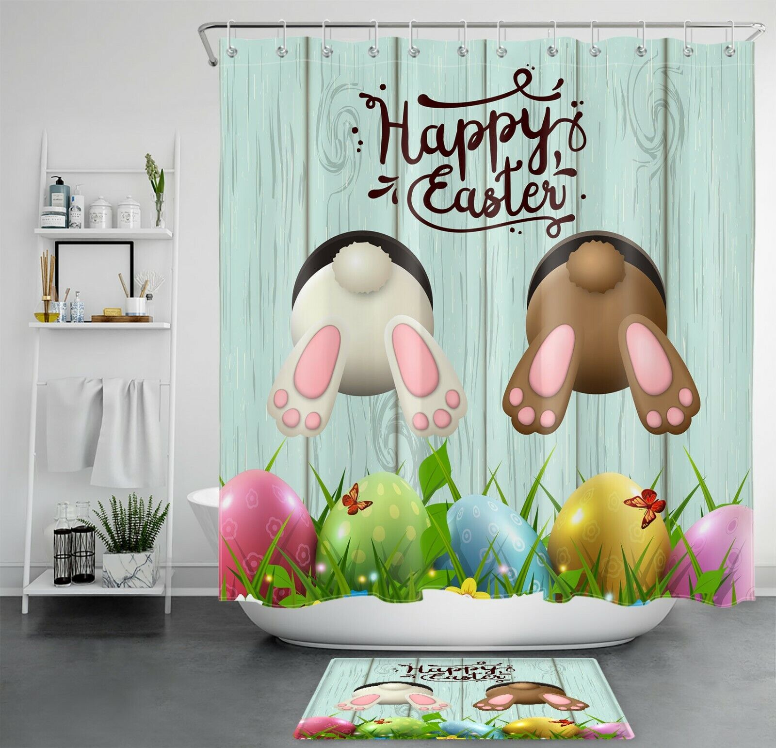 Funny Bunny Colorful Easter Eggs Shower Curtain For Bathroom Accessories
