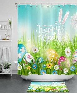 Funny Bunny Ears Lawn Flower Eggs Shower Curtain For Easter Bathroom