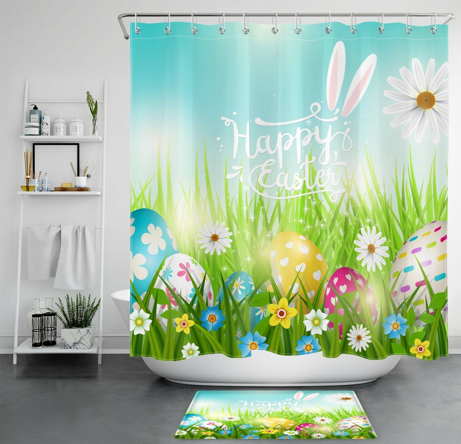 Funny Bunny Ears Lawn Flower Eggs Shower Curtain For Easter Bathroom