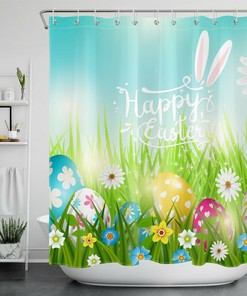 Funny Bunny Ears Lawn Flower Eggs Shower Curtain For Easter Bathroom