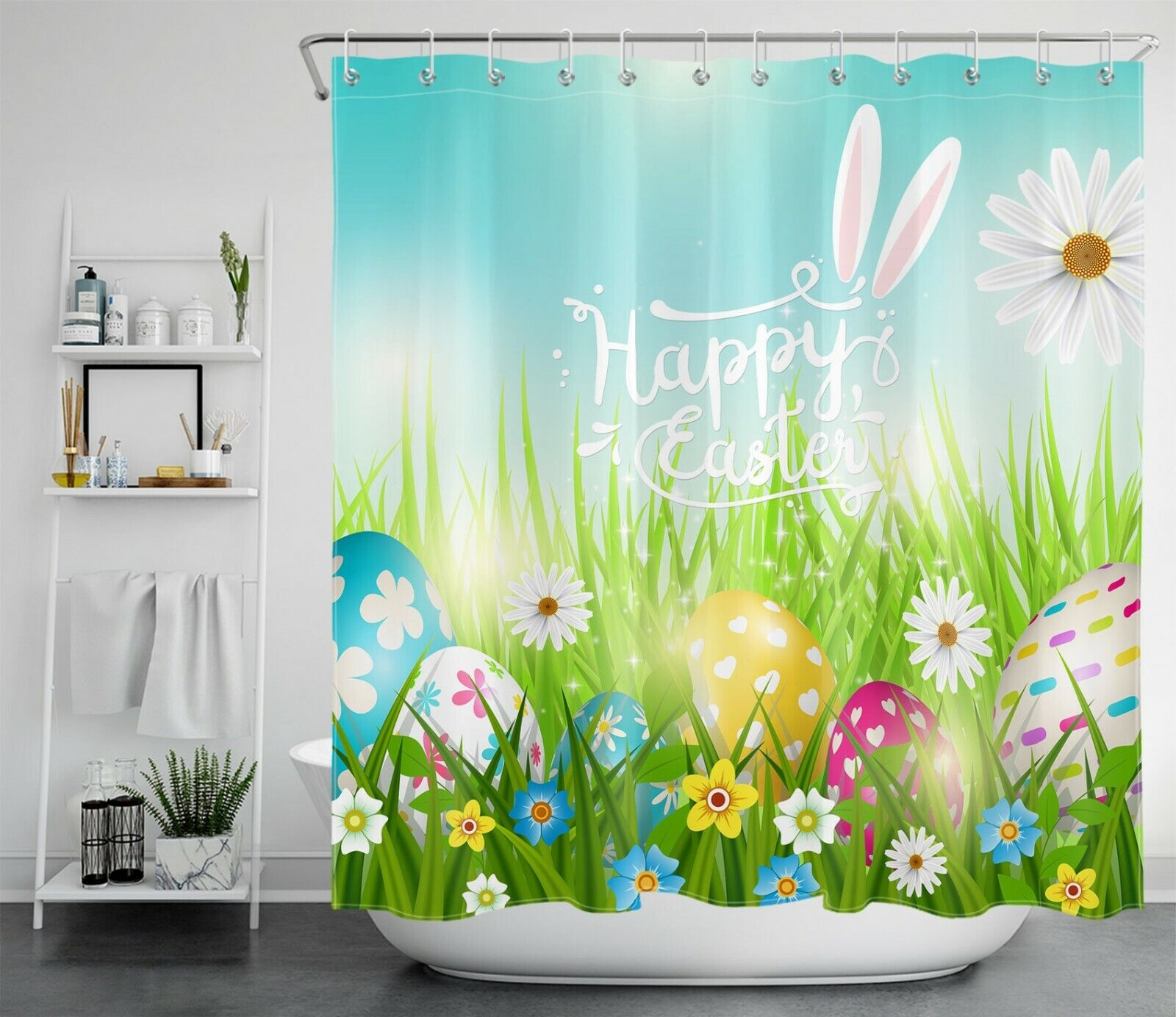 Funny Bunny Ears Lawn Flower Eggs Shower Curtain For Easter Bathroom