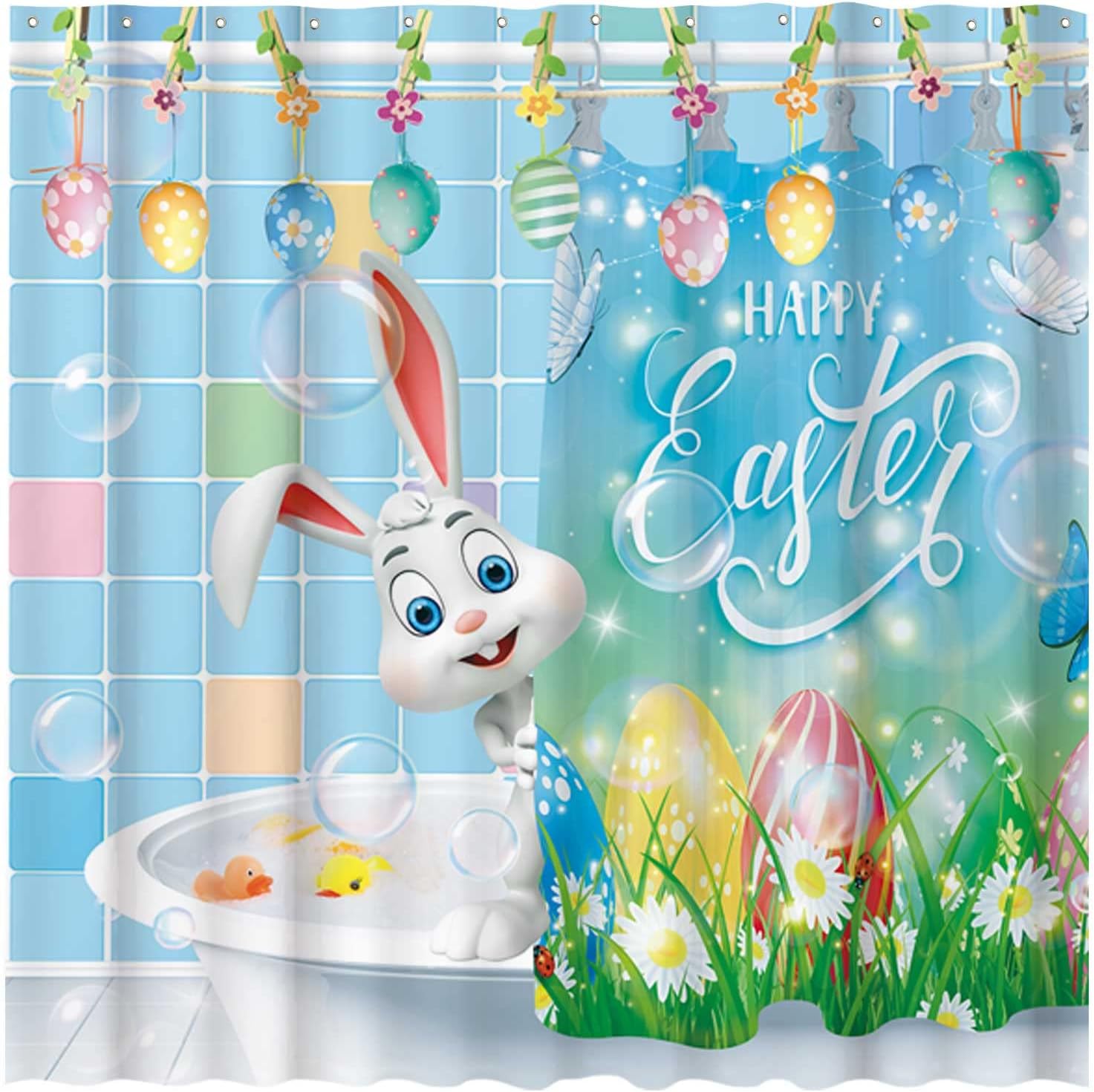 Funny Bunny Easter Shower Curtain With Cute Rabbit And Spring Art By Allenjoy - Durable And Washable Fabric