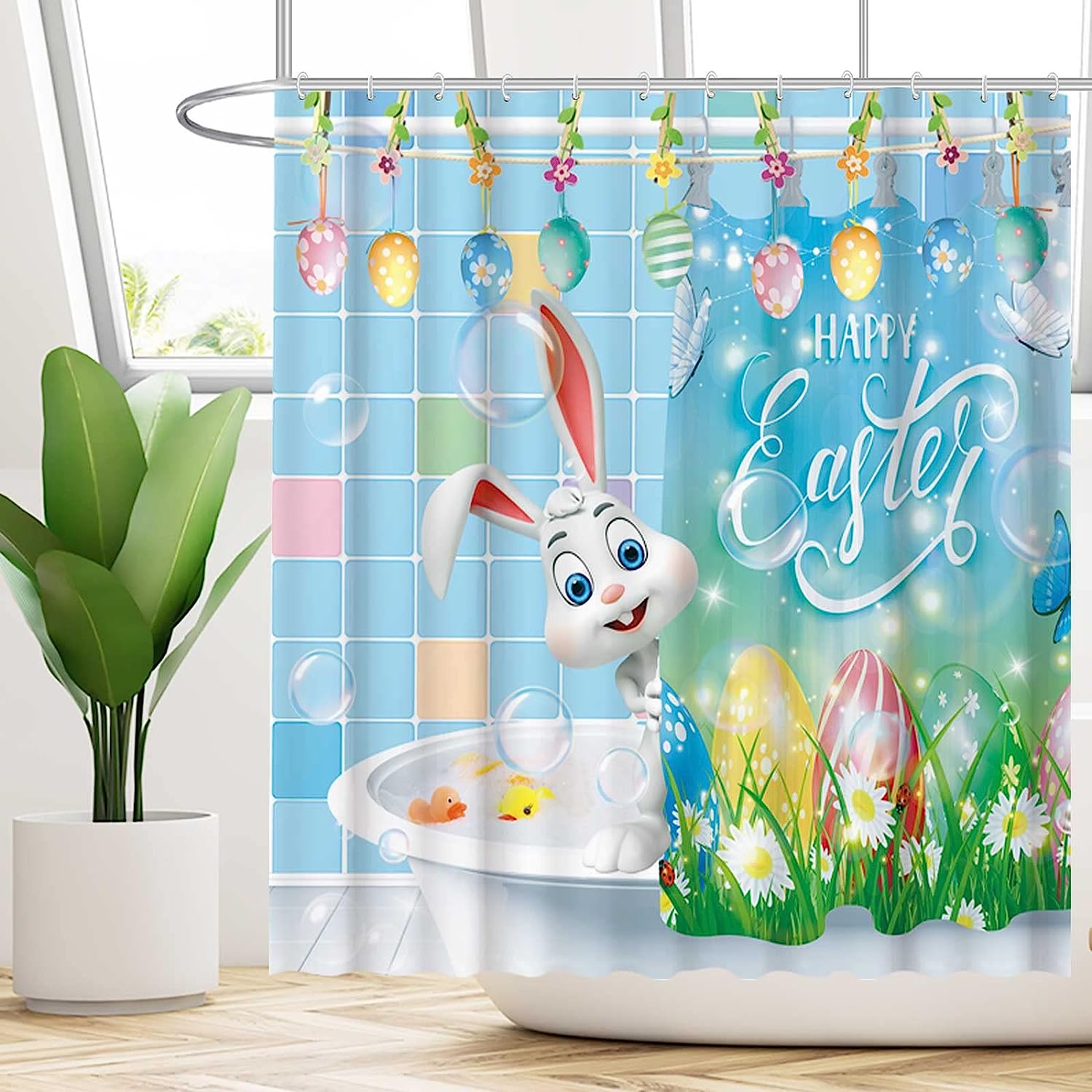 Funny Bunny Easter Shower Curtain With Cute Rabbit And Spring Art By Allenjoy - Durable And Washable Fabric - Image 2