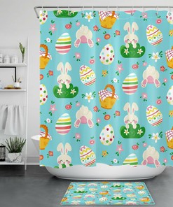 Funny Bunny Eggs Spring Flowers Kids Bathroom Shower Curtain