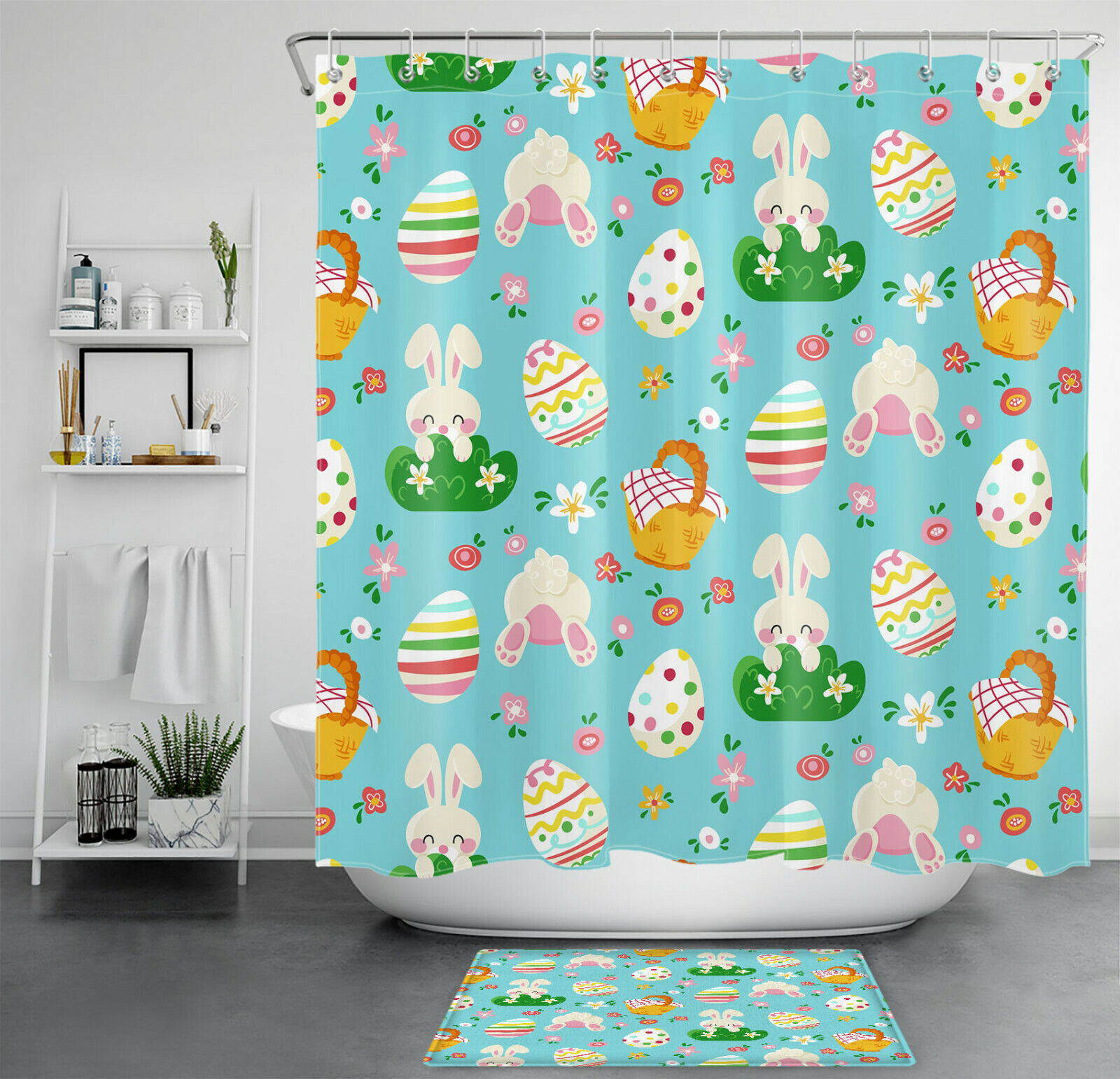 Funny Bunny Eggs Spring Flowers Kids Bathroom Shower Curtain