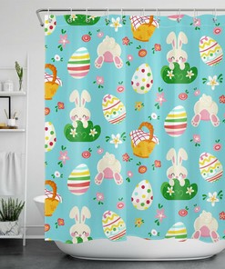 Funny Bunny Eggs Spring Flowers Kids Bathroom Shower Curtain