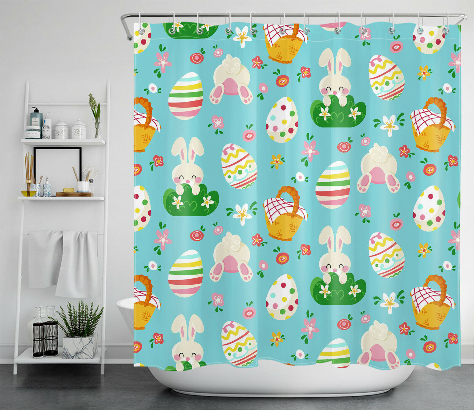 Funny Bunny Eggs Spring Flowers Kids Bathroom Shower Curtain