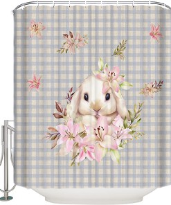 Funny Bunny Floral Shower Curtain - Stall Easter Spring Flowers Lily Grey Plaid Waterproof Fabric Bathroom Accessory