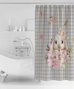 Funny Bunny Floral Shower Curtain - Stall Easter Spring Flowers Lily Grey Plaid Waterproof Fabric Bathroom Accessory