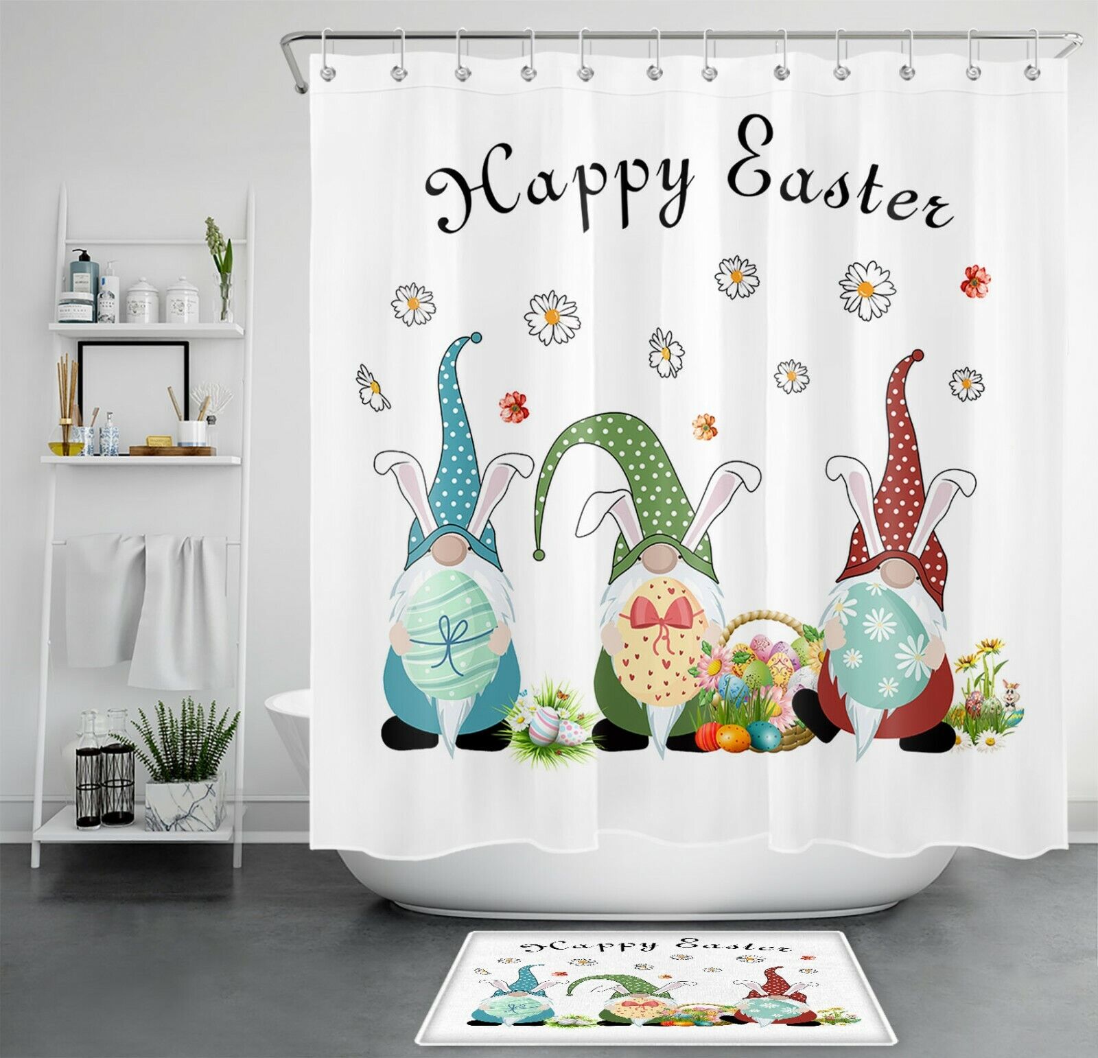 Funny Bunny Gnome Egg Spring Flowers Easter Shower Curtain For Bathroom