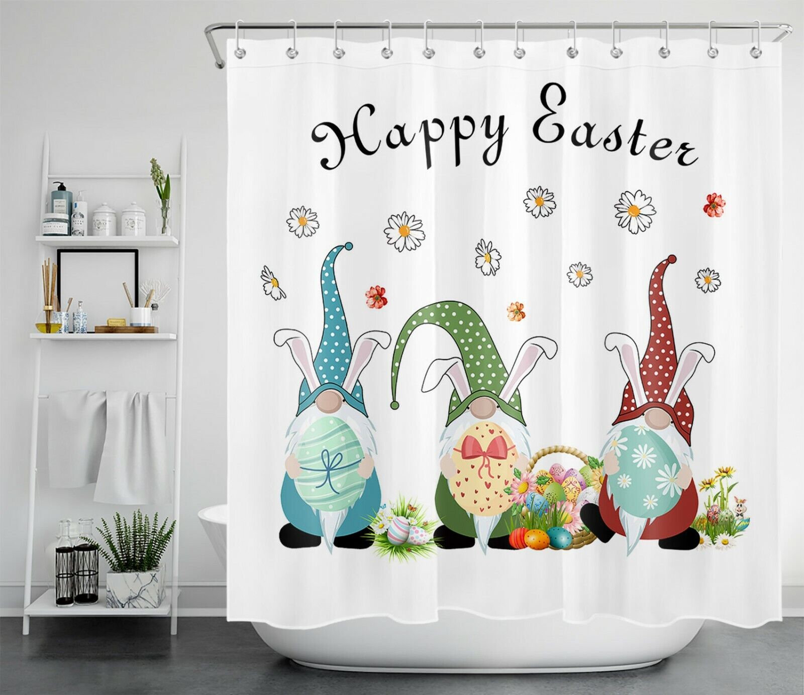 Funny Bunny Gnome Egg Spring Flowers Easter Shower Curtain For Bathroom