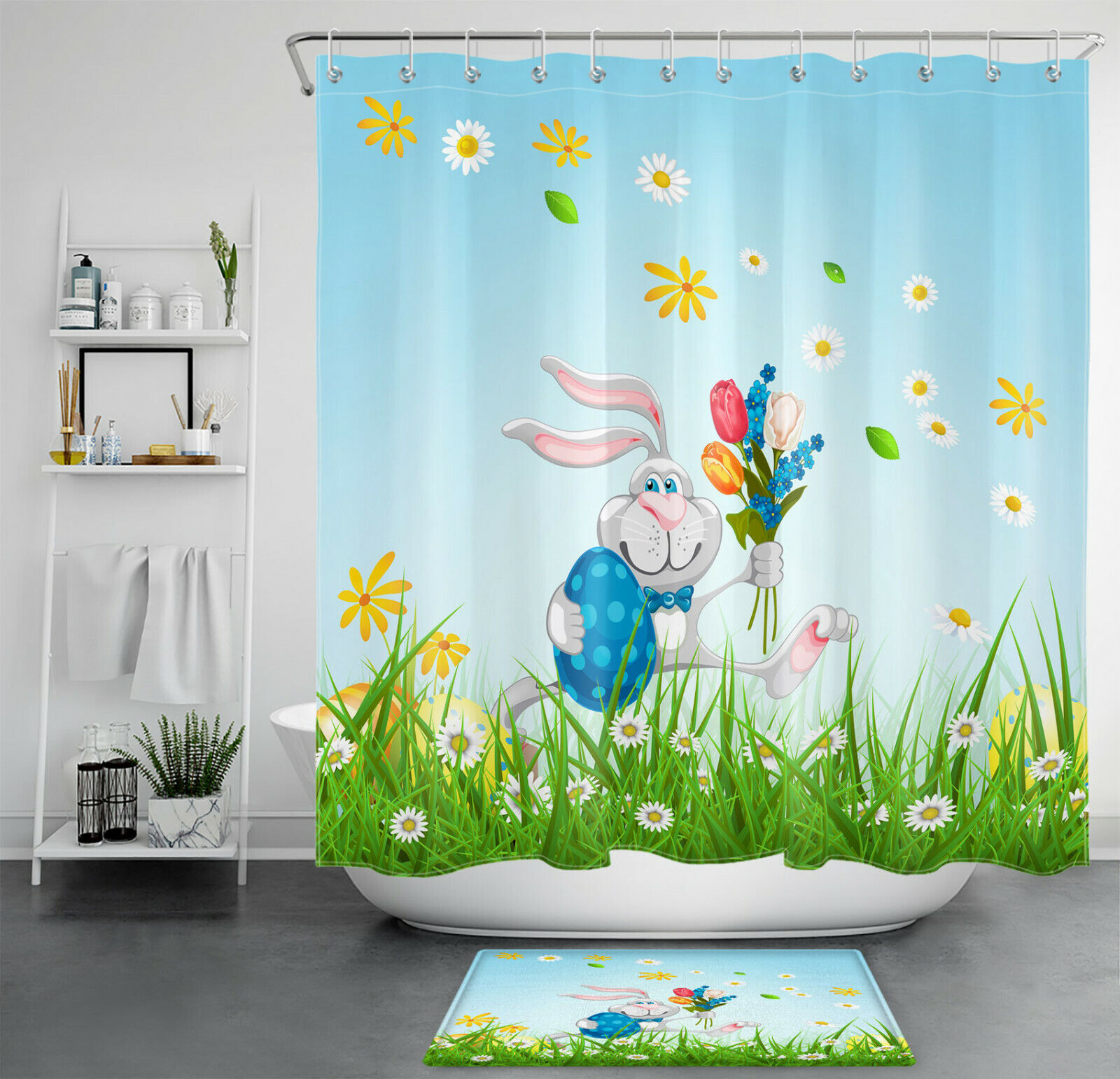 Funny Bunny Spring Lawn Flowers Travel Shower Curtain