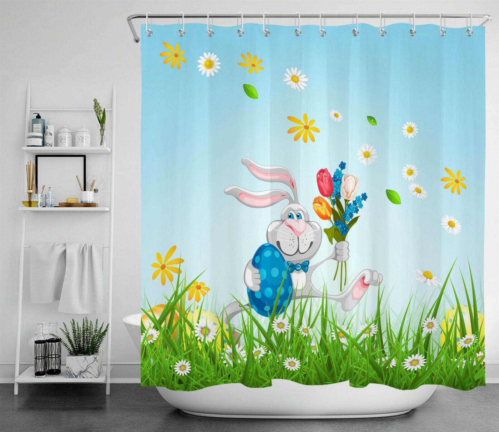 Funny Bunny Spring Lawn Flowers Travel Shower Curtain