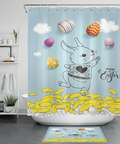 Funny Bunny With Easter Eggs Unique Shower Curtains Print Spring Yellow Mushroom Bathroom Decor Shower Curtain