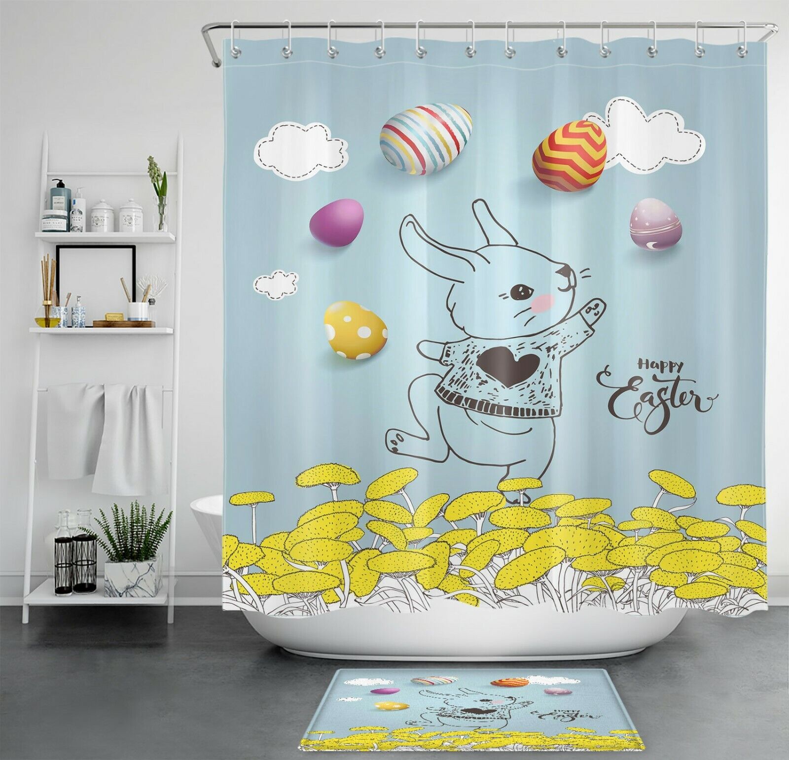 Funny Bunny With Easter Eggs Unique Shower Curtains Print Spring Yellow Mushroom Bathroom Decor Shower Curtain