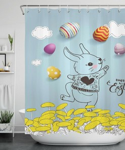 Funny Bunny With Easter Eggs Unique Shower Curtains Print Spring Yellow Mushroom Bathroom Decor Shower Curtain