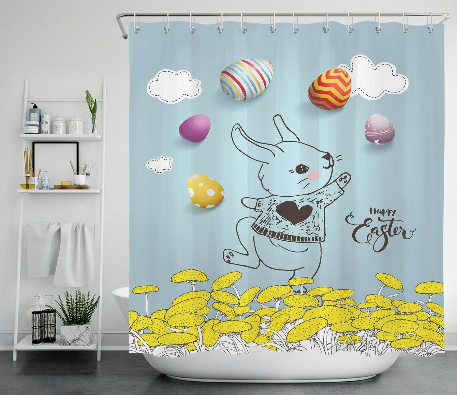 Funny Bunny With Easter Eggs Unique Shower Curtains Print Spring Yellow Mushroom Bathroom Decor Shower Curtain