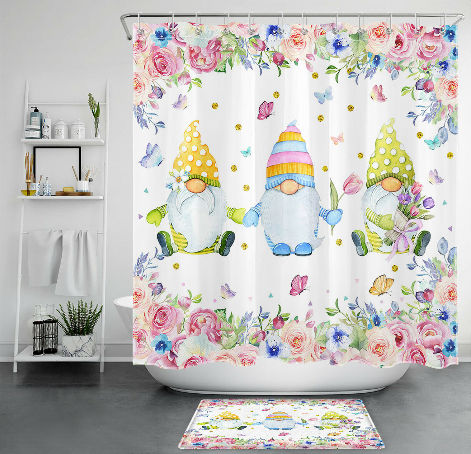 Funny Butterfly And Gnome Shower Curtain Set For Whimsical Bathrooms