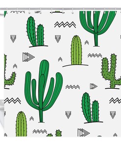 Funny Cactus Print Fabric Shower Curtain, White Bathroom Decor