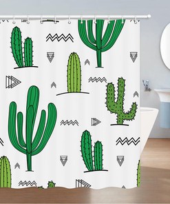 Funny Cactus Print Fabric Shower Curtain, White Bathroom Decor