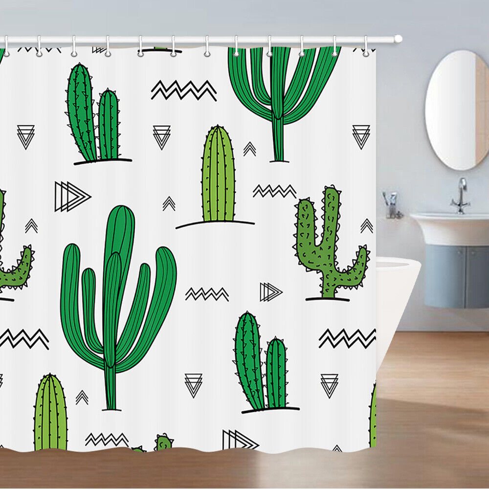 Funny Cactus Print Fabric Shower Curtain, White Bathroom Decor