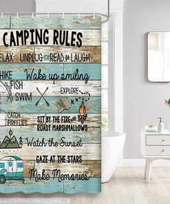 Funny Camping Rules Print Shower Curtain, Rustic Farmhouse Bathroom Decor by VeiVian