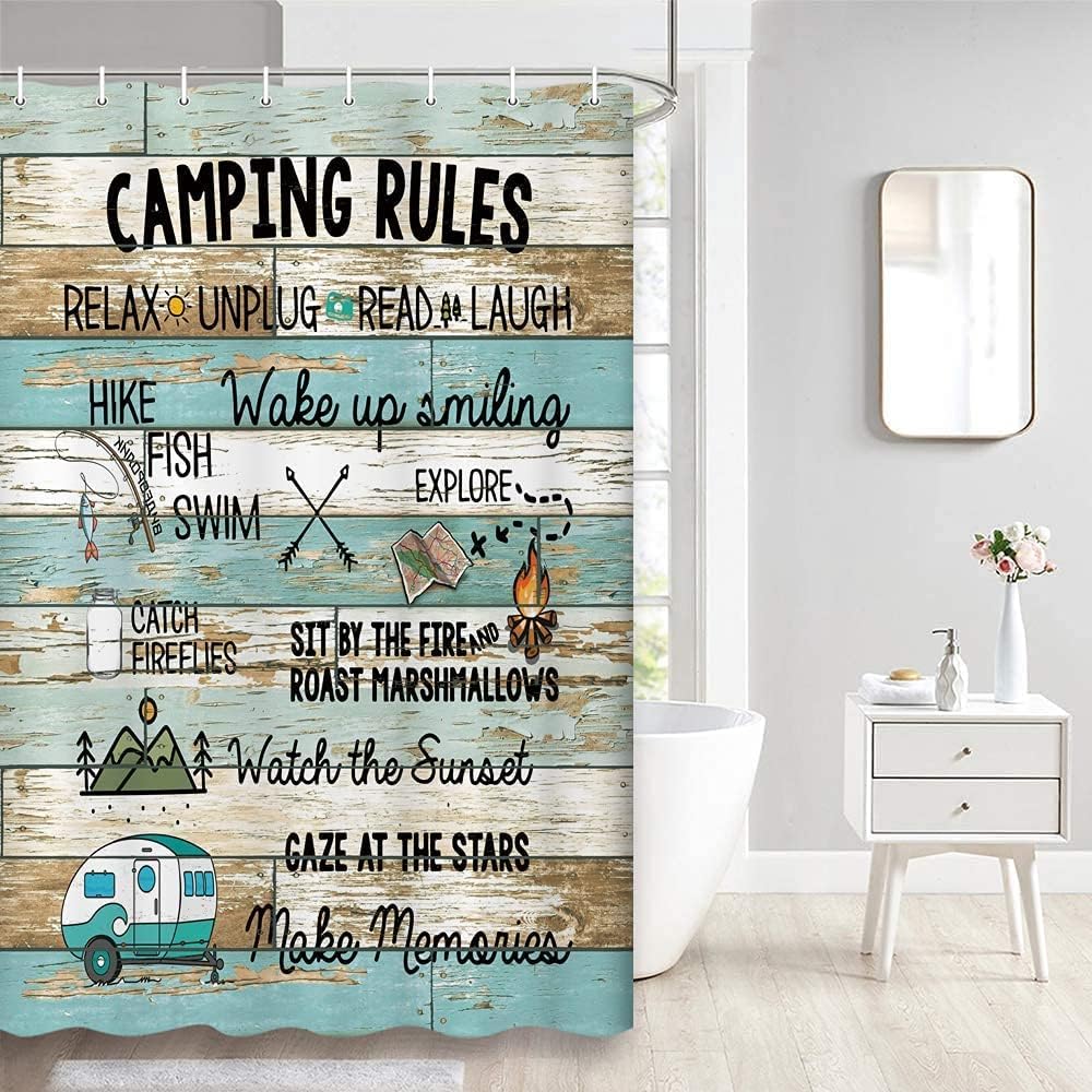 Funny Camping Rules Print Shower Curtain, Rustic Farmhouse Bathroom Decor by VeiVian