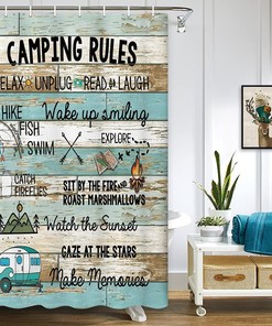 Funny Camping Rules Print Shower Curtain, Rustic Farmhouse Bathroom Decor by VeiVian
