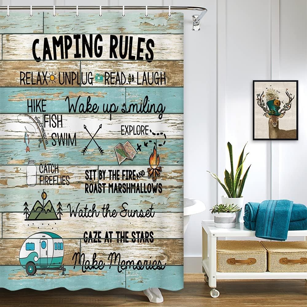 Funny Camping Rules Print Shower Curtain, Rustic Farmhouse Bathroom Decor by VeiVian