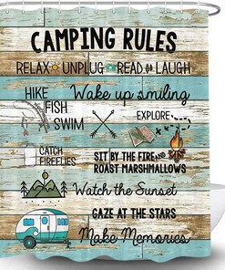 Funny Camping Rules Print Shower Curtain, Rustic Farmhouse Bathroom Decor by VeiVian