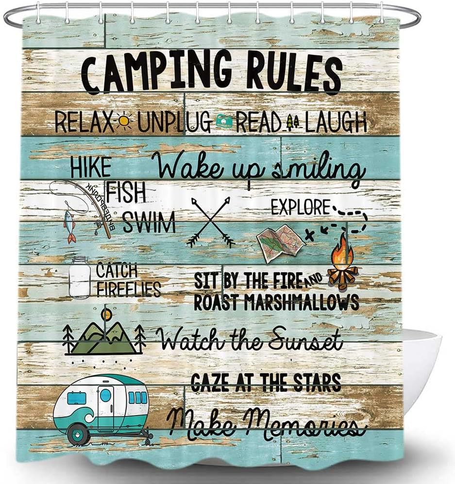 Funny Camping Rules Print Shower Curtain, Rustic Farmhouse Bathroom Decor by VeiVian