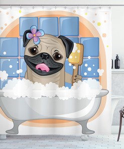 Funny Caricature Pug Dog Bath Shower Curtain, Unique Print for Bathroom