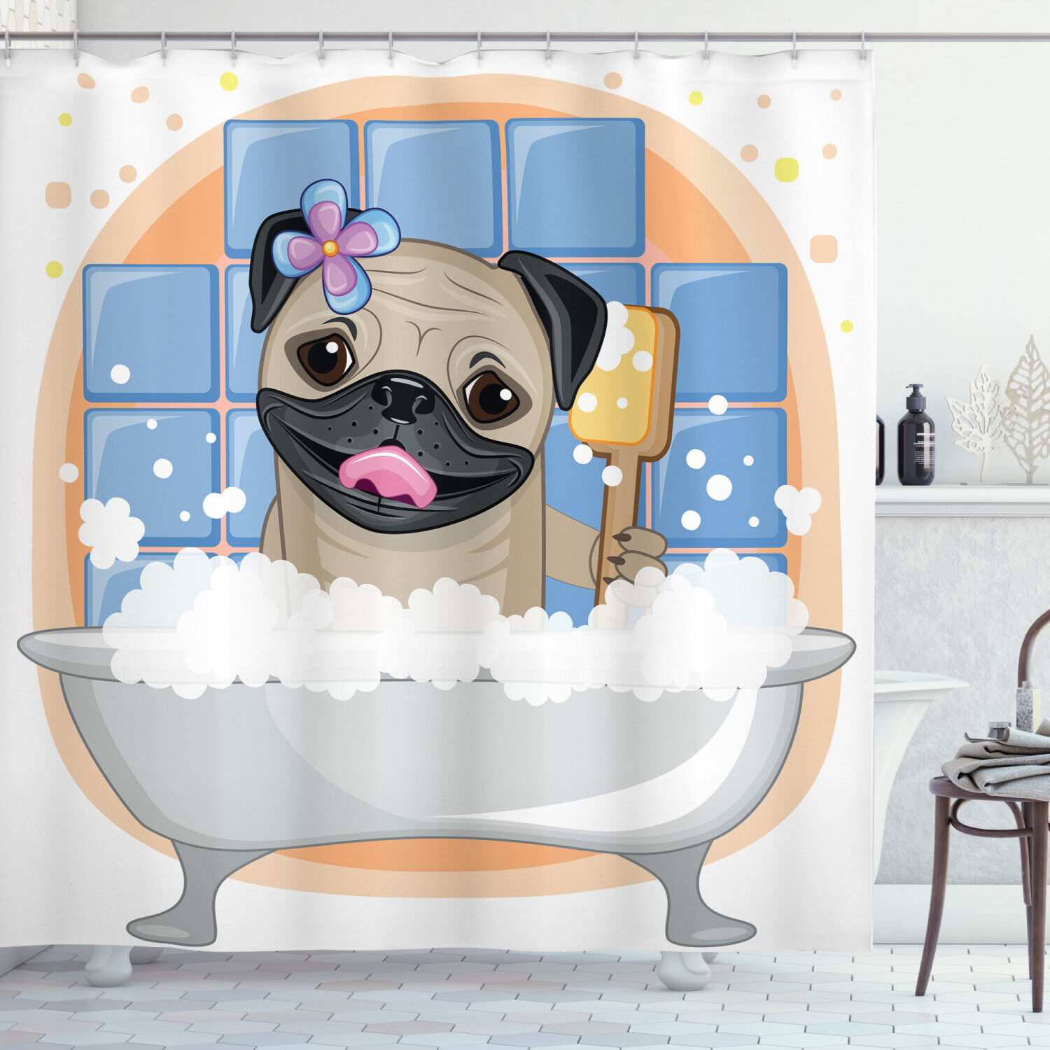 Funny Caricature Pug Dog Bath Shower Curtain, Unique Print for Bathroom