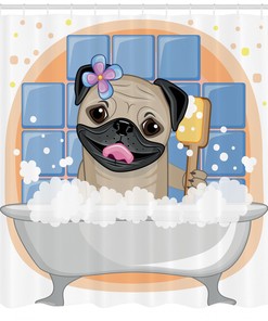 Funny Caricature Pug Dog Bath Shower Curtain, Unique Print for Bathroom