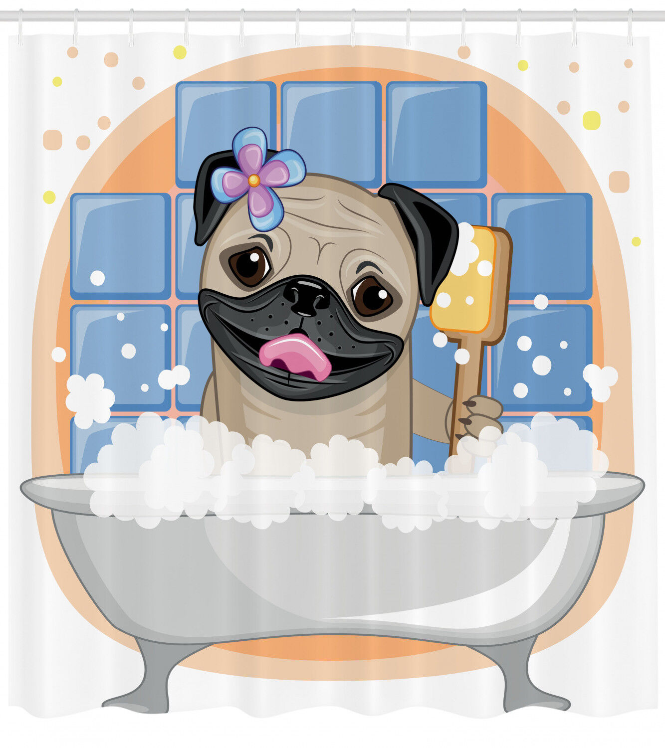 Funny Caricature Pug Dog Bath Shower Curtain, Unique Print for Bathroom