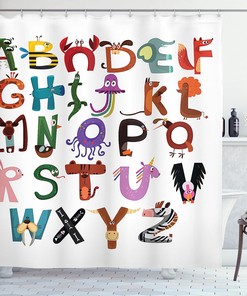 Funny Cartoon Alphabet Shower Curtain with Animals Typography - Shower Curtain Ideas