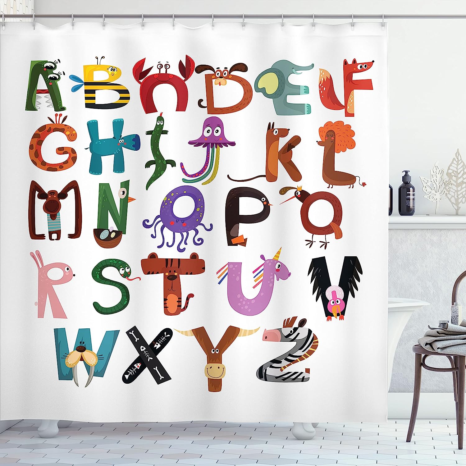 Funny Cartoon Alphabet Shower Curtain with Animals Typography - Shower Curtain Ideas