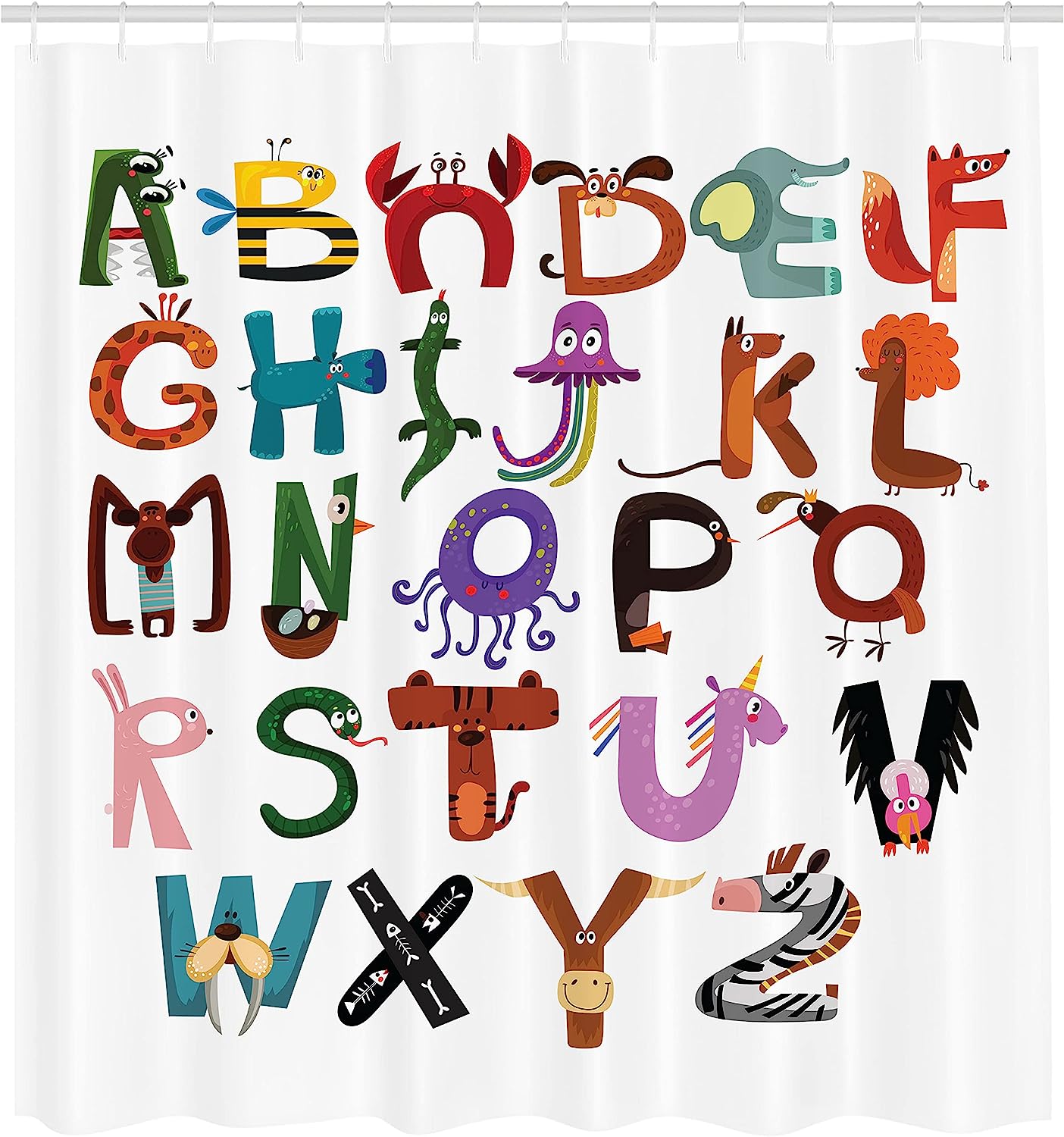 Funny Cartoon Alphabet Shower Curtain with Animals Typography - Shower Curtain Ideas