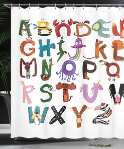 Funny Cartoon Alphabet Shower Curtain with Animals Typography - Shower Curtain Ideas