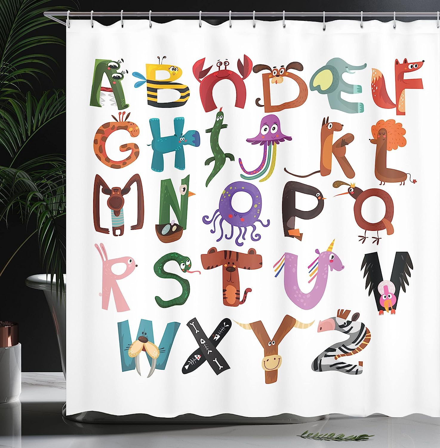 Funny Cartoon Alphabet Shower Curtain with Animals Typography - Shower Curtain Ideas