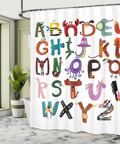 Funny Cartoon Alphabet Shower Curtain with Animals Typography - Shower Curtain Ideas