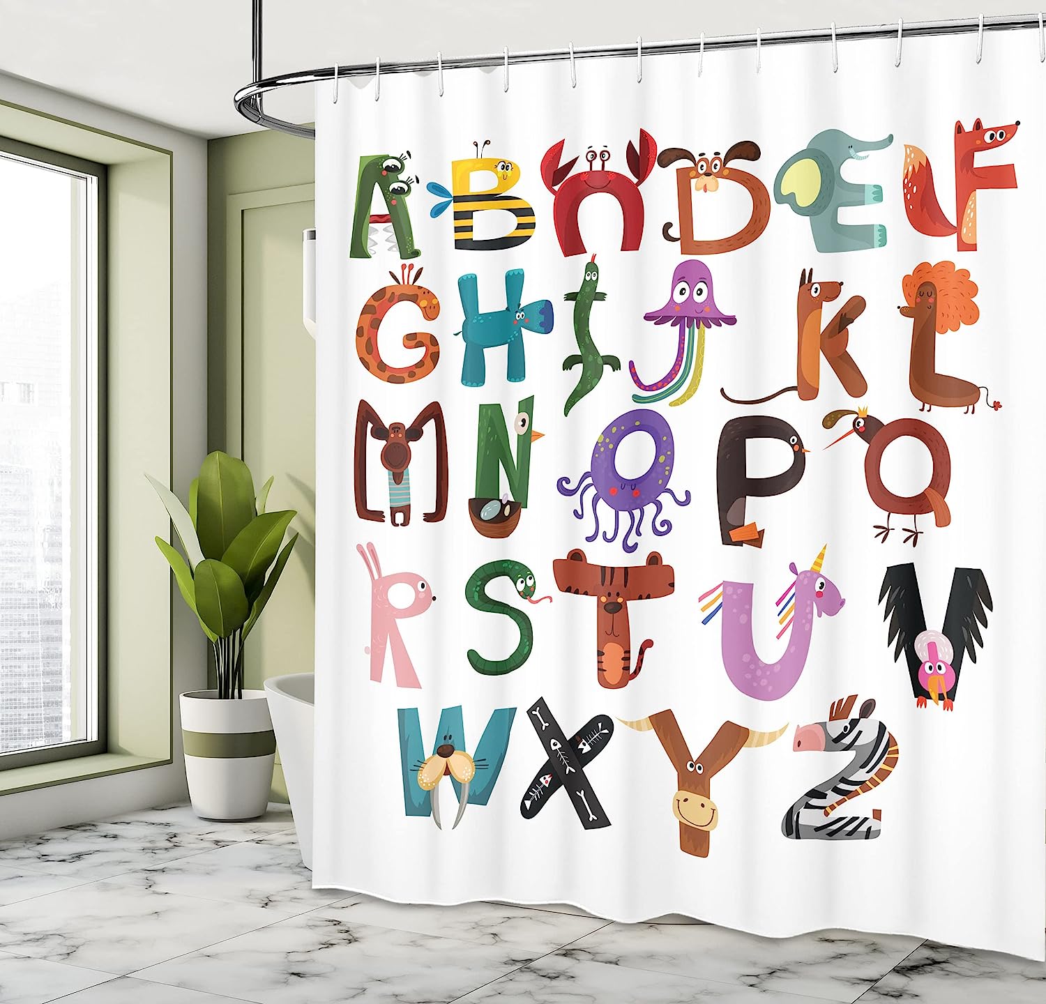 Funny Cartoon Alphabet Shower Curtain with Animals Typography - Shower Curtain Ideas
