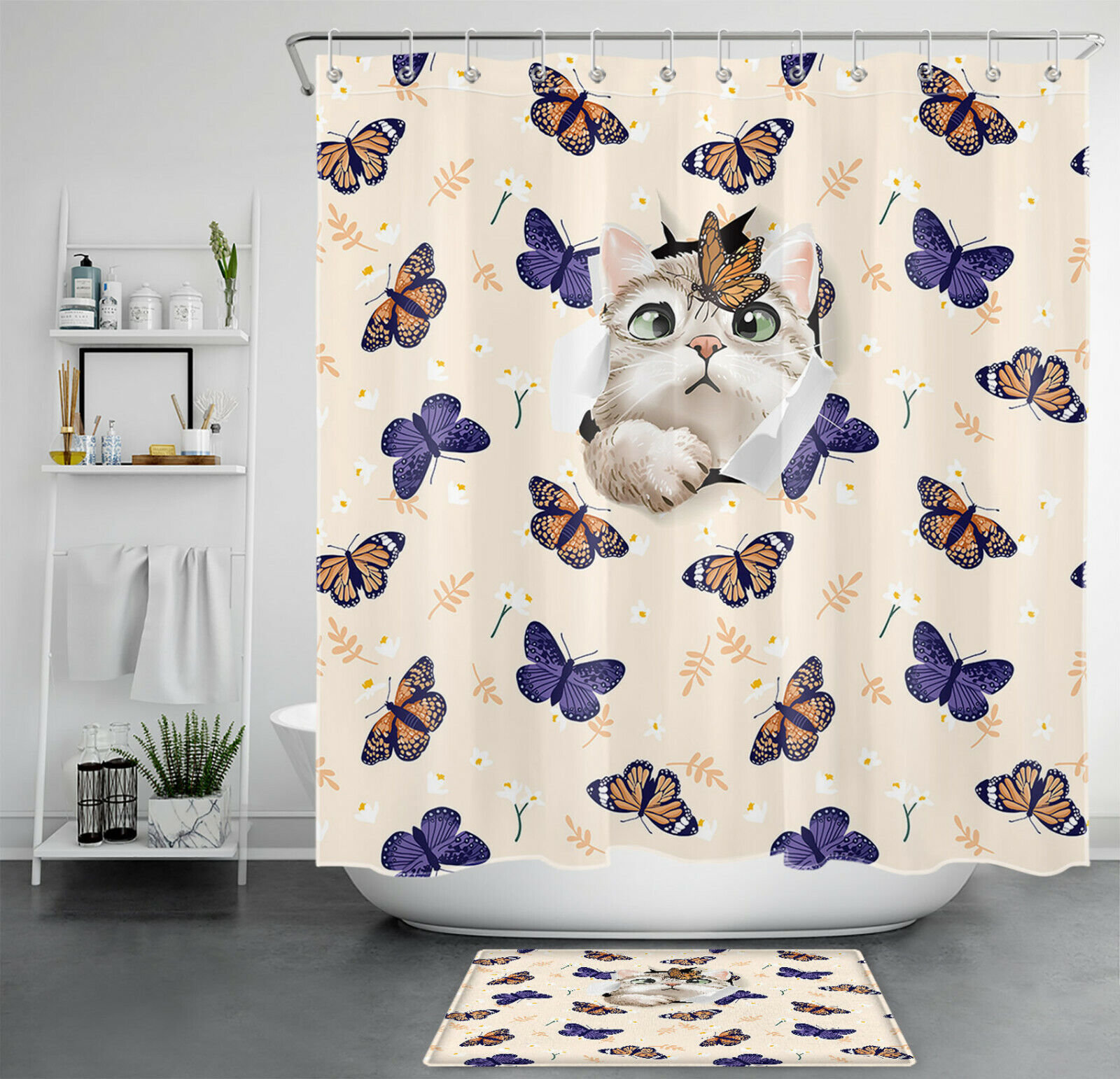 Funny Cartoon Pet Cat Butterfly Print Shower Curtain For Kids Bathroom Decor
