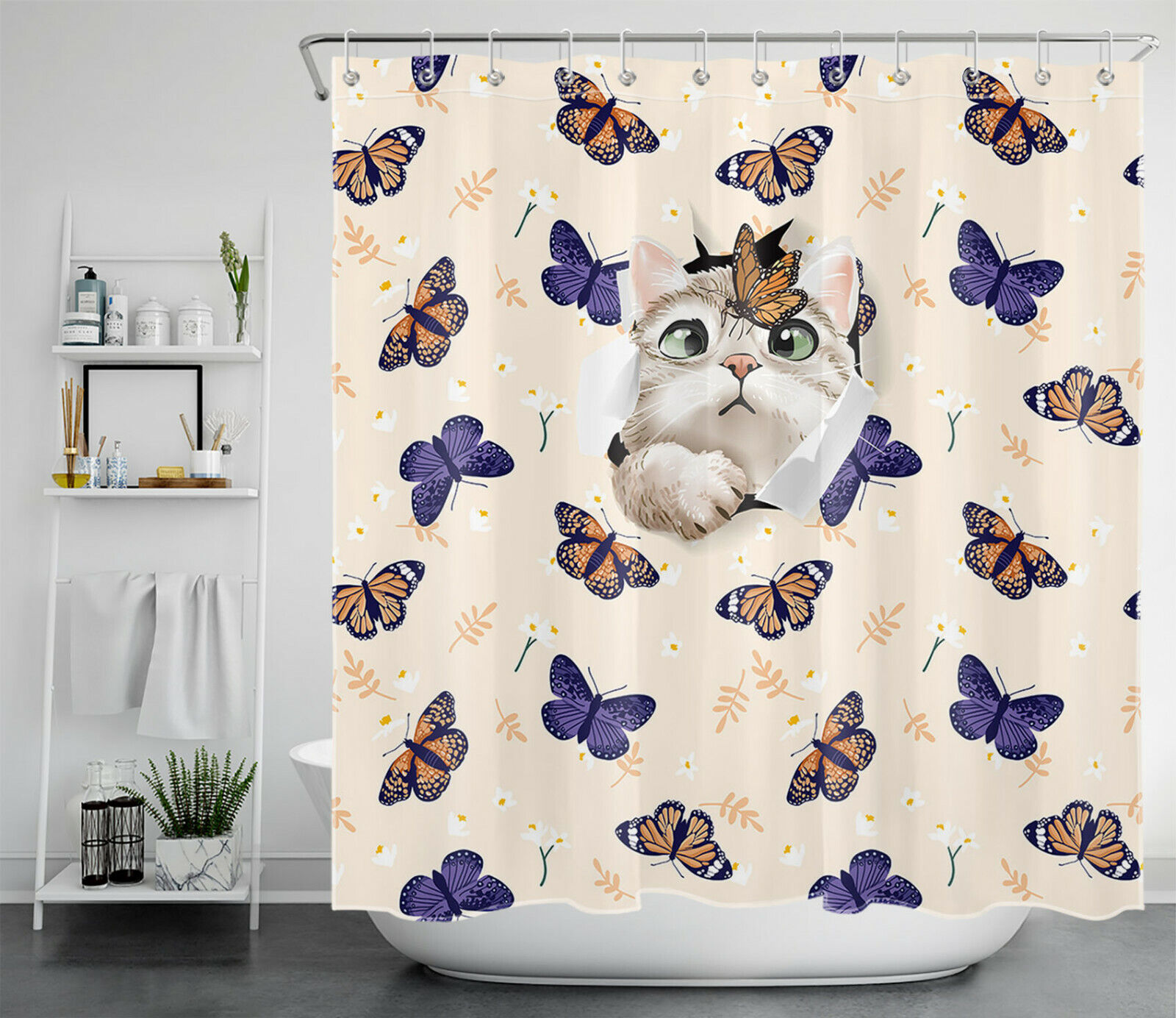 Funny Cartoon Pet Cat Butterfly Print Shower Curtain For Kids Bathroom Decor - Image 2
