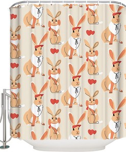 Funny Cartoon Rabbit Shower Curtain - Love Heart Bunny Tiled Illustration Waterproof Fabric Bathroom Decor