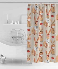 Funny Cartoon Rabbit Shower Curtain - Love Heart Bunny Tiled Illustration Waterproof Fabric Bathroom Decor