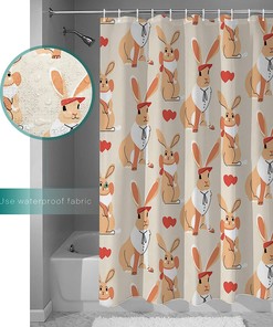 Funny Cartoon Rabbit Shower Curtain - Love Heart Bunny Tiled Illustration Waterproof Fabric Bathroom Decor